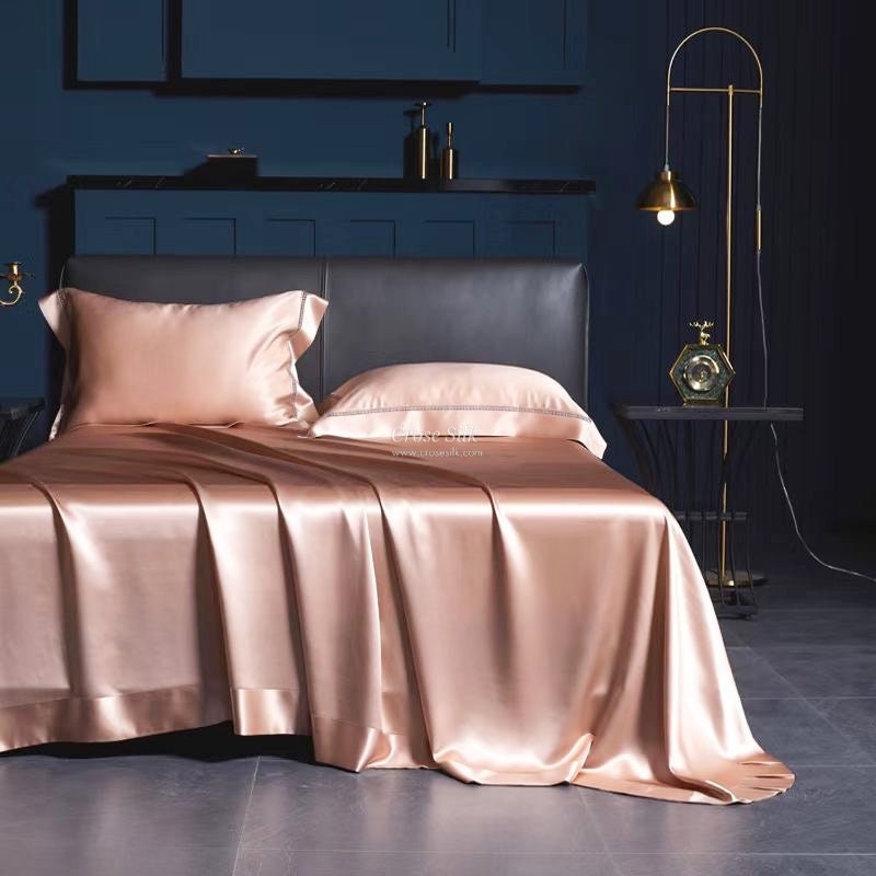 SWEET PINK - 25 momme Lace Silk bedding Set 4pcs - 1x Duvet Cover, 1x Sheet, 2x Pillowcases, 100% SILK