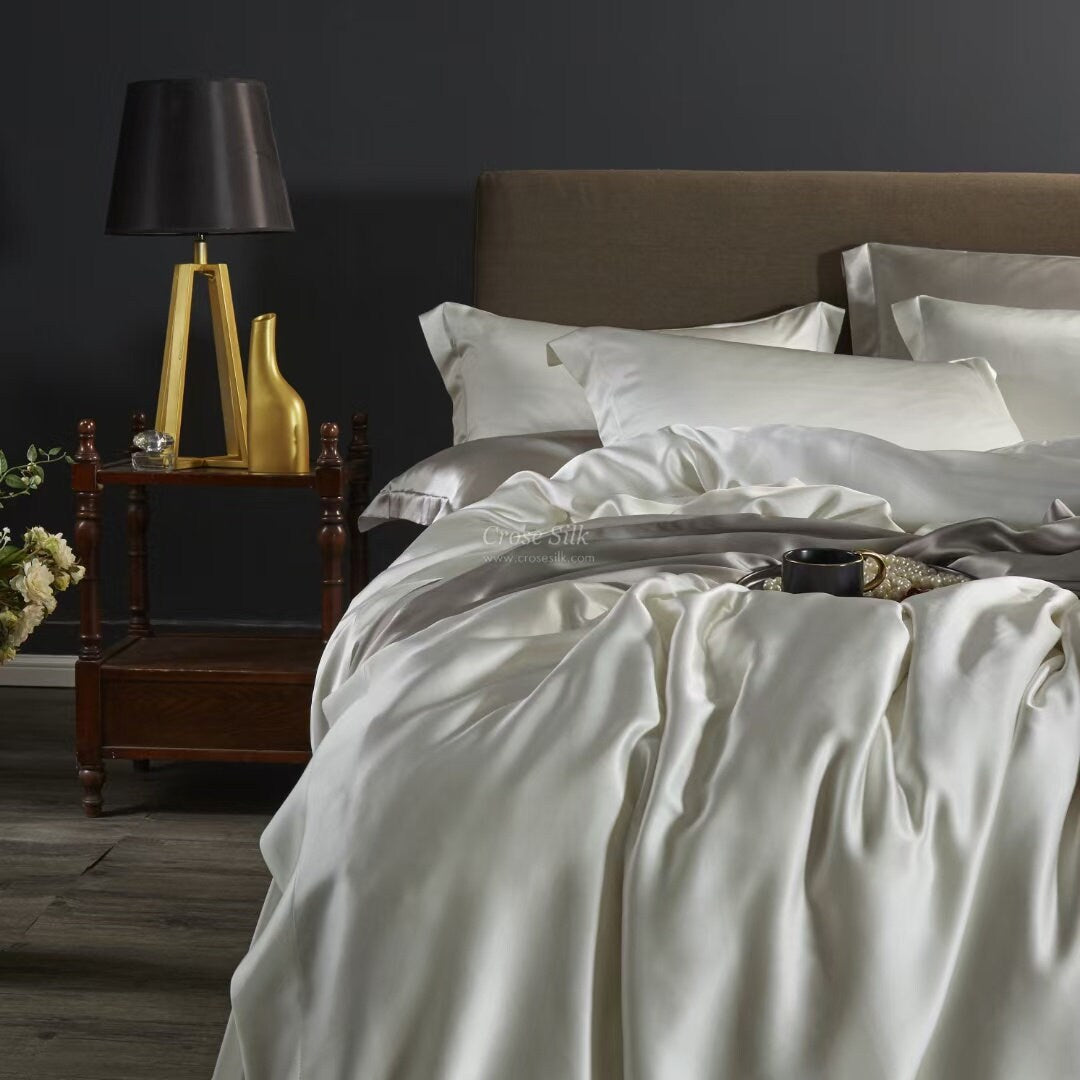PEARL WHITE - 30 Momme Mulberry Silk Bedding, Silk Duvet Cover, Silk Fitted Sheet, Silk Flat Sheet, Silk Pillowcase, 100% SILK