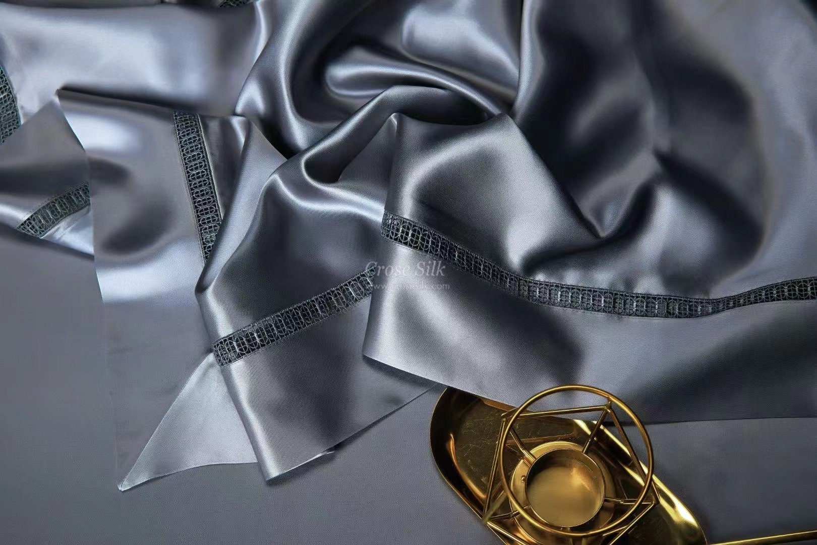 GRAY BLUE- 30 momme Lace Silk bedding Set 4pcs - 1x Duvet Cover, 1x Sheet, 2x Pillowcases, 100% SILK